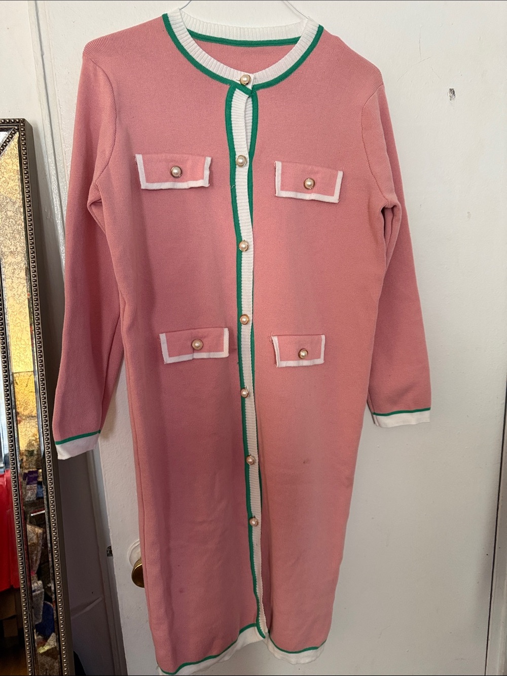Pink Long Knit Coatigan with Green Trim